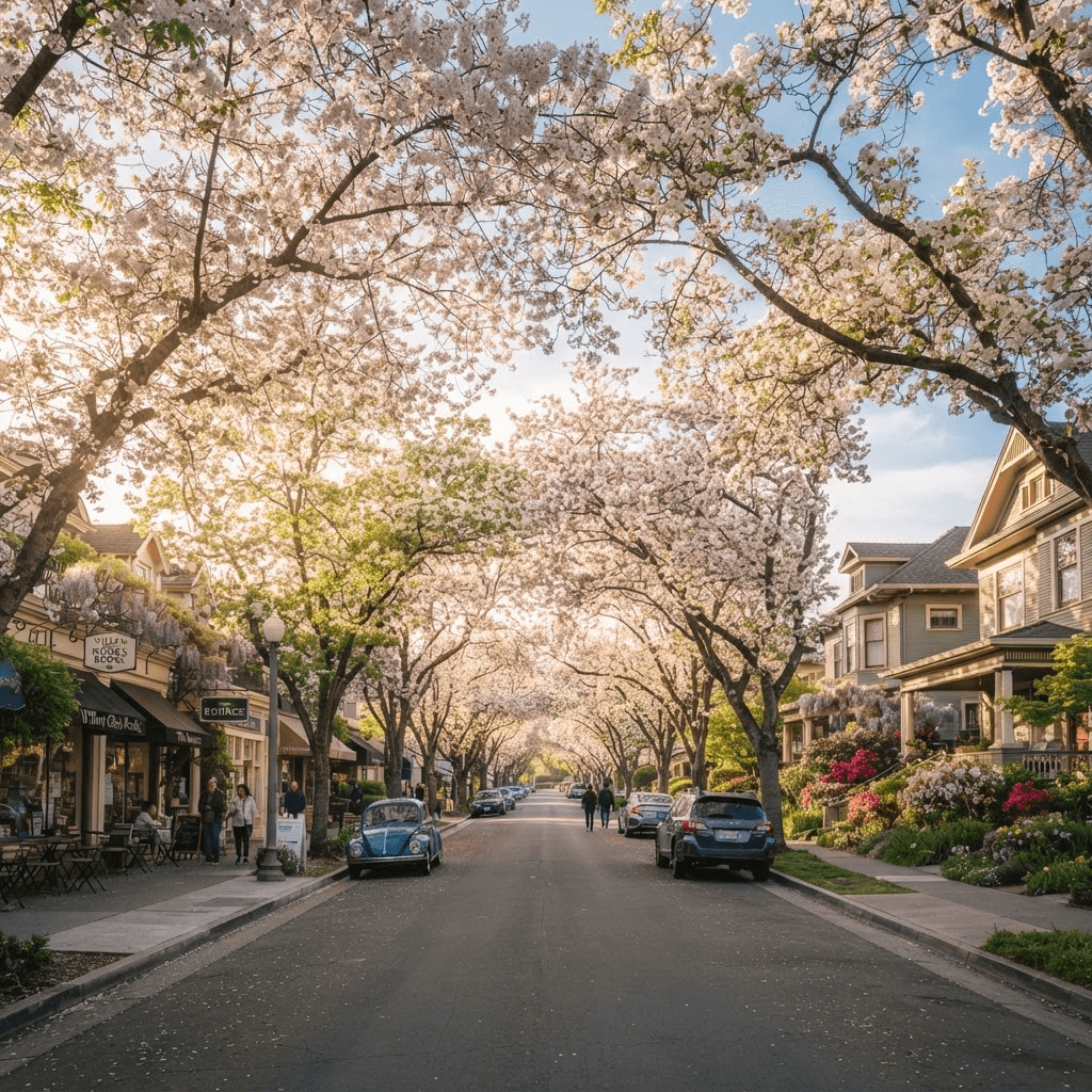 Blossom-lined downtown street in Willow Glen, San Jose in spring