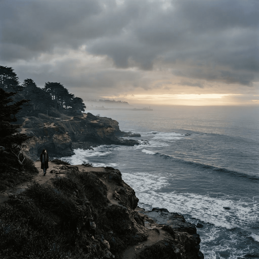 Moody Santa Cruz coastline with cypress trees and winter surf