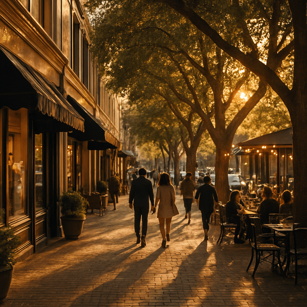 Golden-hour evening on a tree-lined downtown street with outdoor dining and local boutiques