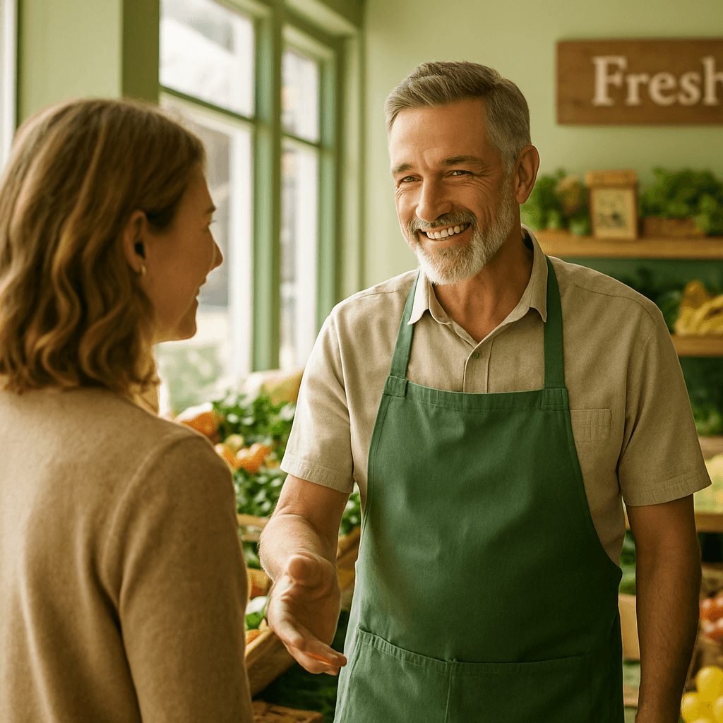 Grocer greeting a regular customer