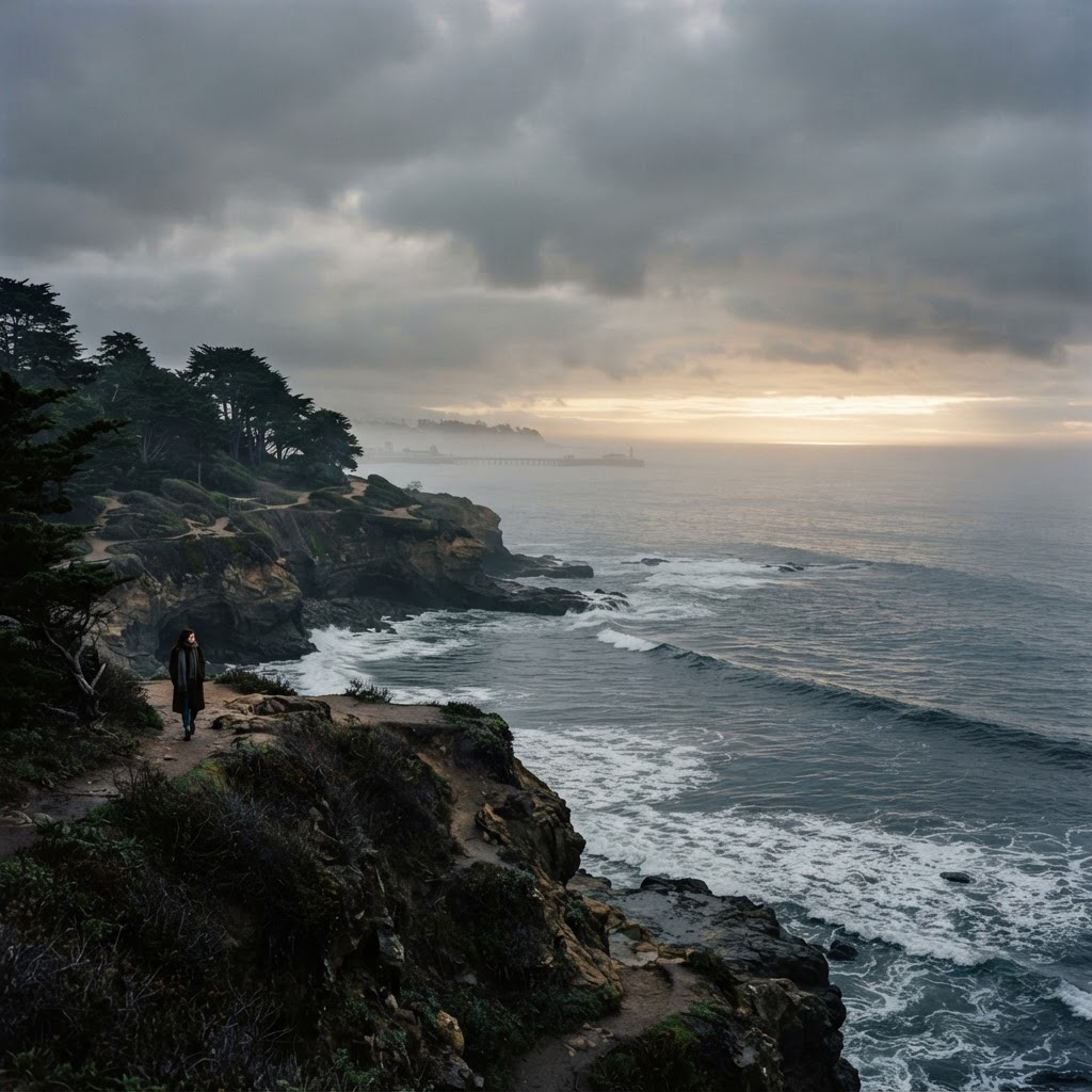 Moody Santa Cruz coastline with cypress trees and winter surf