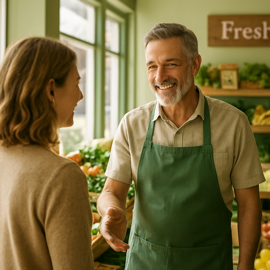 Grocer greeting a regular customer